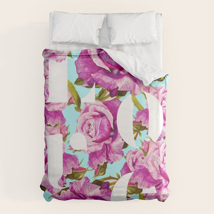 Love, Floral Typography Valentine's Graphic Design, Eclectic Modern Boho Botanical Rose Illustration Duvet Cover Gallery Image 1