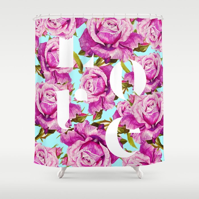 Love, Floral Typography Valentine's Graphic Design, Eclectic Modern Boho Botanical Rose Illustration Shower Curtain Gallery Image 1