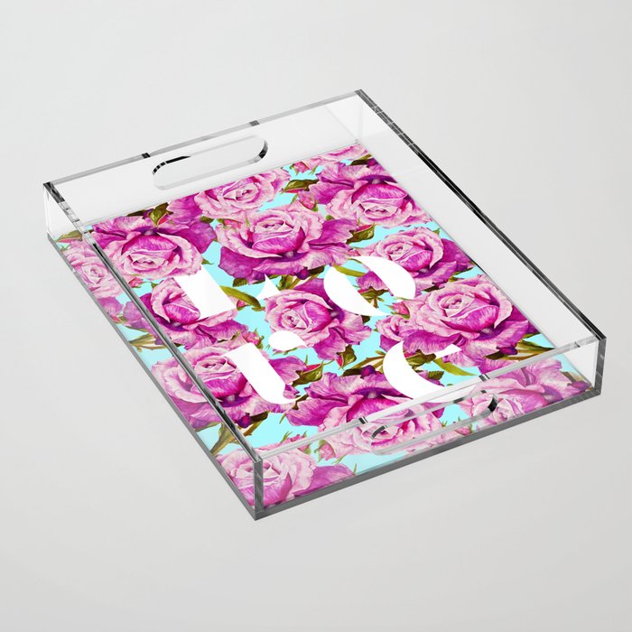 Love, Floral Typography Valentine's Graphic Design, Eclectic Modern Boho Botanical Rose Illustration Acrylic Tray Gallery Image 1