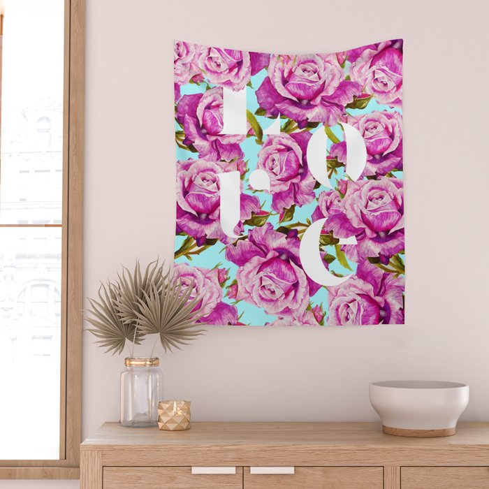 Love, Floral Typography Valentine's Graphic Design, Eclectic Modern Boho Botanical Rose Illustration Wall Tapestry Gallery Image 2
