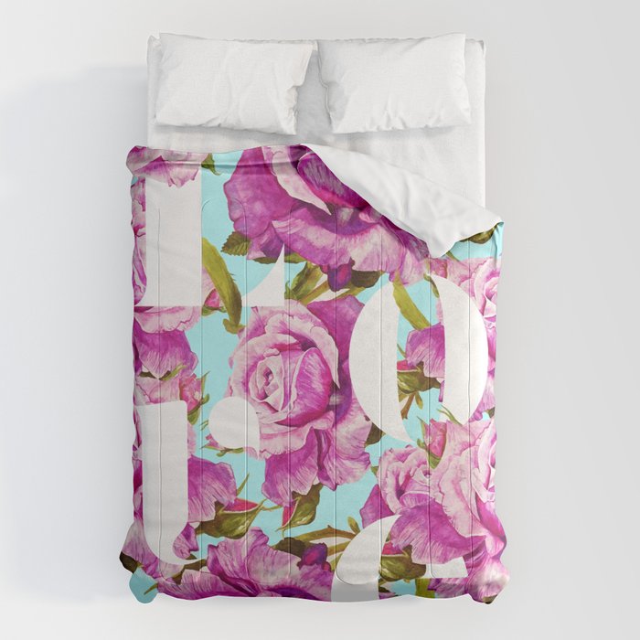Love, Floral Typography Valentine's Graphic Design, Eclectic Modern Boho Botanical Rose Illustration Comforter Gallery Image 6