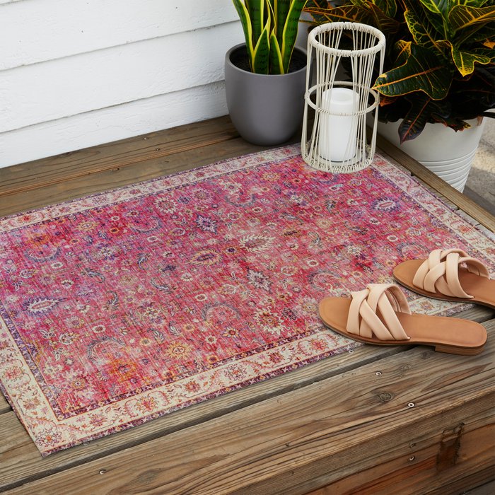N45 - Pink Vintage Traditional Moroccan Boho & Farmhouse Style Artwork. Outdoor Rug Gallery Image 2