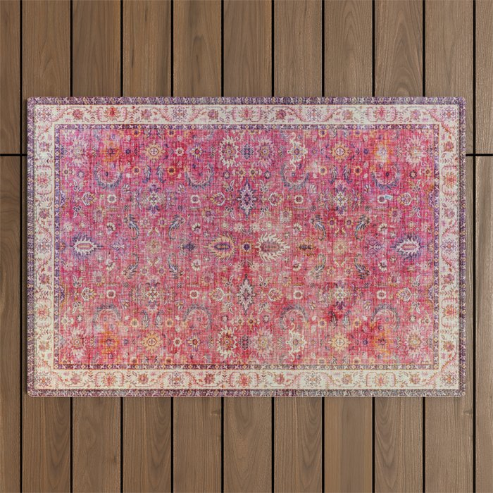N45 - Pink Vintage Traditional Moroccan Boho & Farmhouse Style Artwork. Outdoor Rug Gallery Image 1
