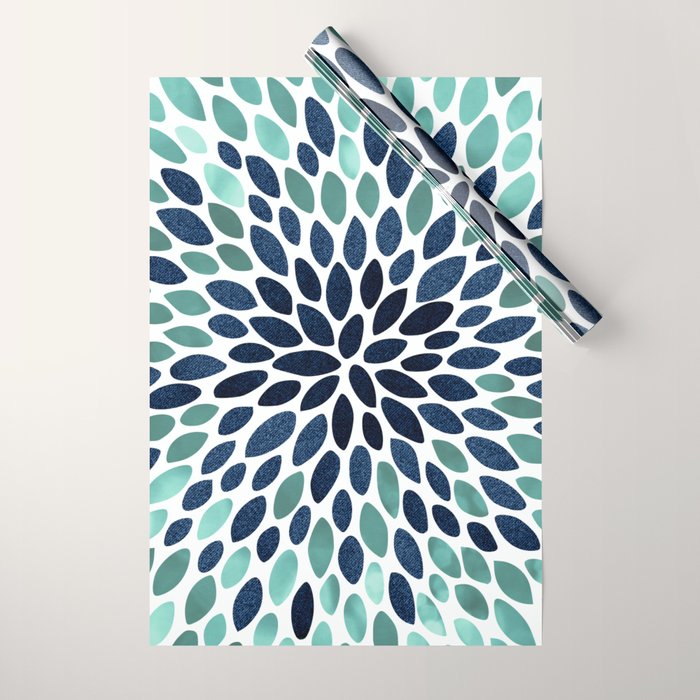 Flower Bloom, Aqua and Navy Wrapping Paper Gallery Image 1