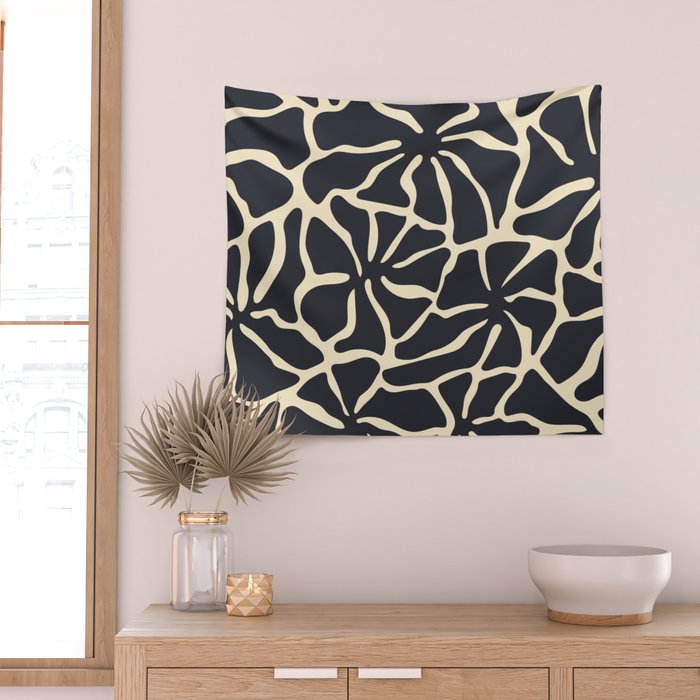 Black and white abstract flower art pattern Wall Tapestry Gallery Image 2