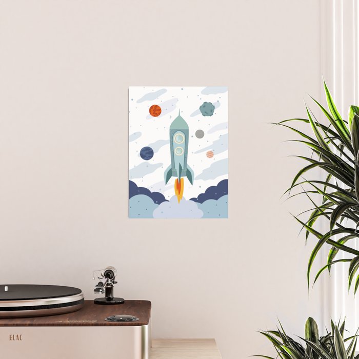 Space rocket print with planets and stars, perfect for an outer space nursery or kids room Poster Gallery Image 2