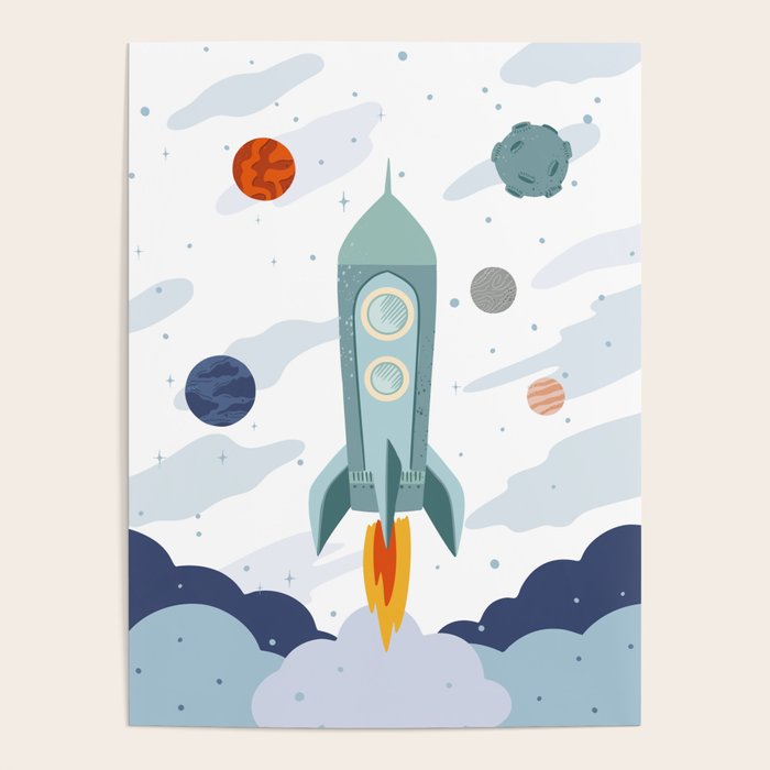 Space rocket print with planets and stars, perfect for an outer space nursery or kids room Poster Gallery Image 1