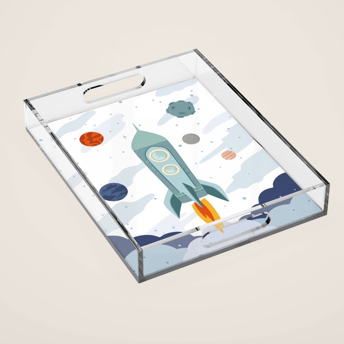 Space rocket print with planets and stars, perfect for an outer space nursery or kids room Acrylic Tray Gallery Image 1