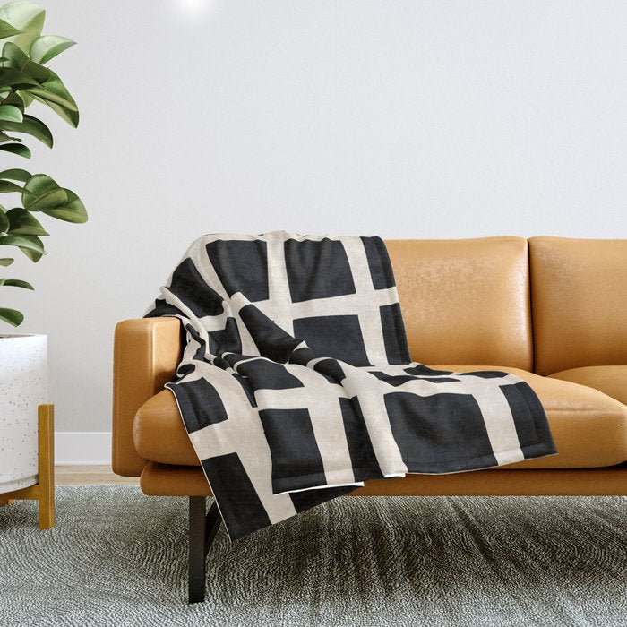 Midcentury Windows Geometric Check Pattern in Black and Almond Cream Throw Blanket Gallery Image 1