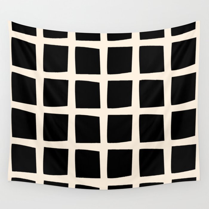Midcentury Windows Geometric Check Pattern in Black and Almond Cream Wall Tapestry Gallery Image 4