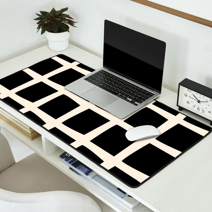 Midcentury Windows Geometric Check Pattern in Black and Almond Cream Desk Mat Gallery Image 2