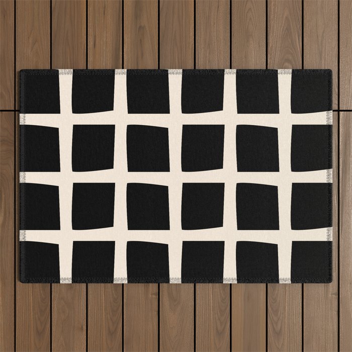 Midcentury Windows Geometric Check Pattern in Black and Almond Cream Outdoor Rug Gallery Image 1