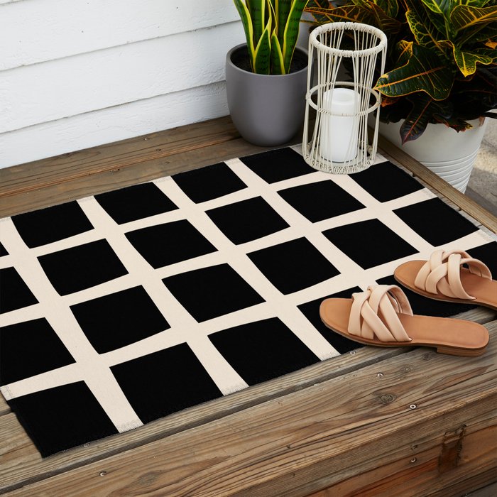Midcentury Windows Geometric Check Pattern in Black and Almond Cream Outdoor Rug Gallery Image 2