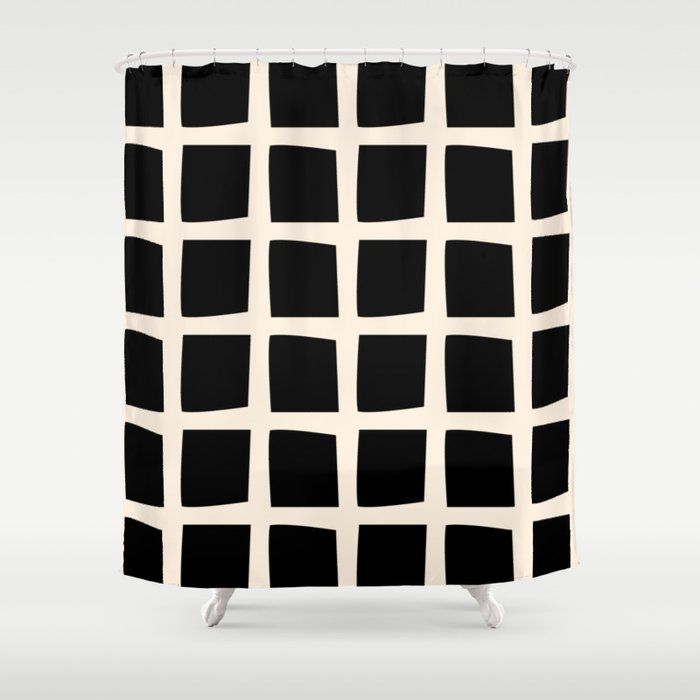 Midcentury Windows Geometric Check Pattern in Black and Almond Cream Shower Curtain Gallery Image 1