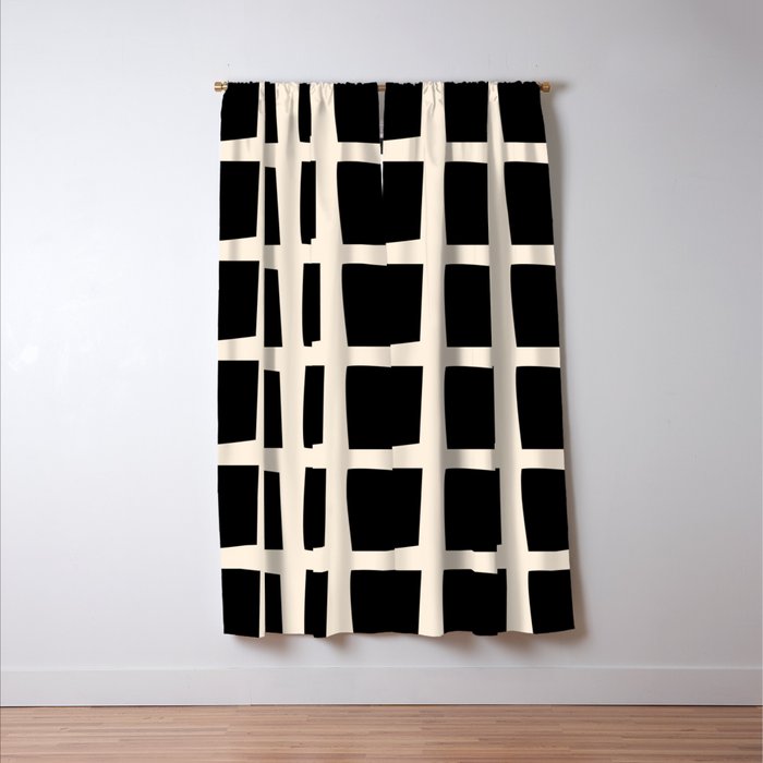Midcentury Windows Geometric Check Pattern in Black and Almond Cream Window Curtain Gallery Image 3