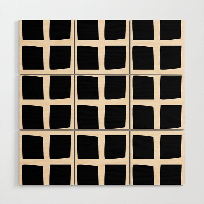 Midcentury Windows Geometric Check Pattern in Black and Almond Cream Wood Wall Art Gallery Image 1
