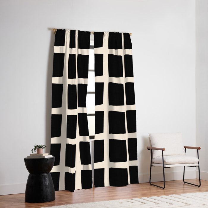 Midcentury Windows Geometric Check Pattern in Black and Almond Cream Window Curtain Gallery Image 2