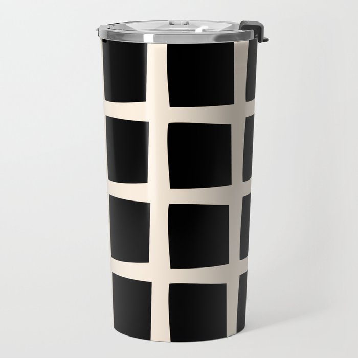Midcentury Windows Geometric Check Pattern in Black and Almond Cream Travel Mug Gallery Image 2