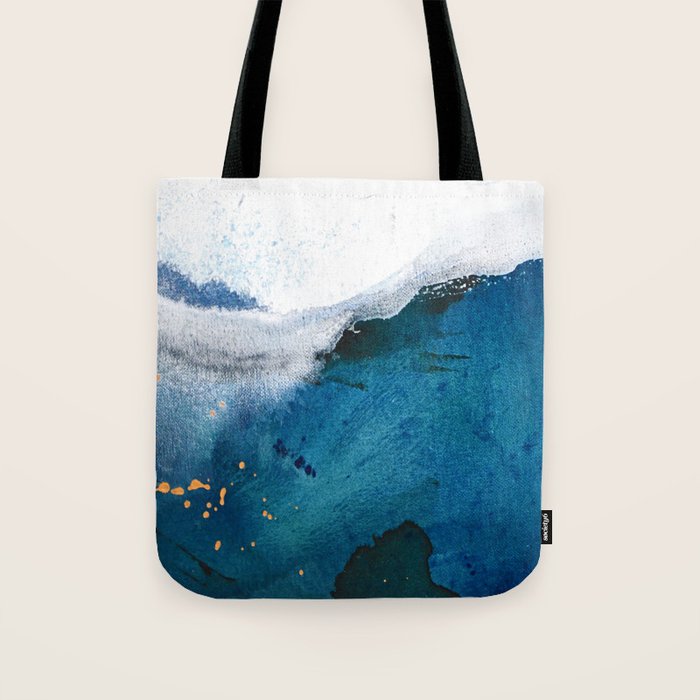 In the Surf: a vibrant minimal abstract painting in blues and gold Tote Bag Gallery Image 1