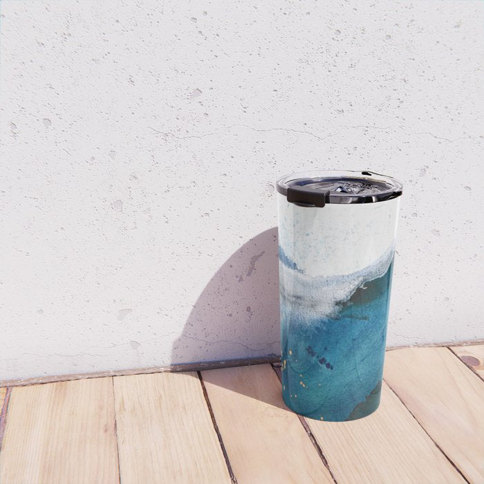 In the Surf: a vibrant minimal abstract painting in blues and gold Travel Mug Gallery Image 4