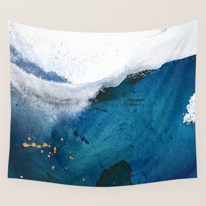 In the Surf: a vibrant minimal abstract painting in blues and gold Wall Tapestry Gallery Image 4