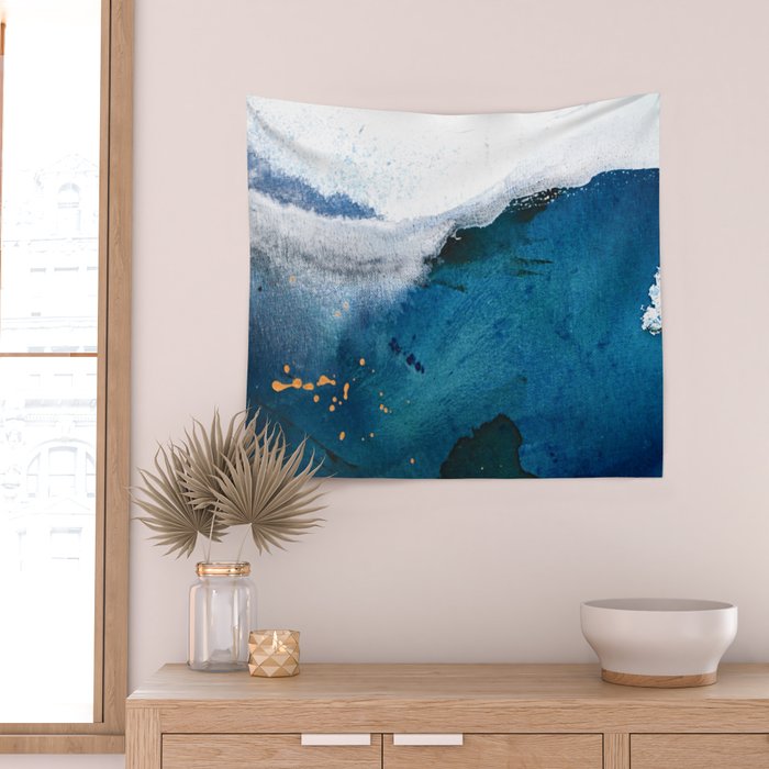 In the Surf: a vibrant minimal abstract painting in blues and gold Wall Tapestry Gallery Image 2
