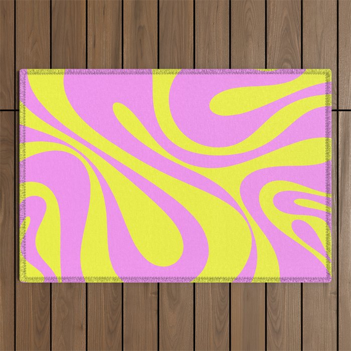 Vivid Mod Swirl Retro Abstract Pattern Neon Yellow and Pink Outdoor Rug Gallery Image 1