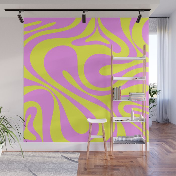 Vivid Mod Swirl Retro Abstract Pattern Neon Yellow and Pink Wall Mural Gallery Image 1