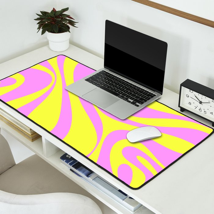 Vivid Mod Swirl Retro Abstract Pattern Neon Yellow and Pink Desk Mat Gallery Image 2
