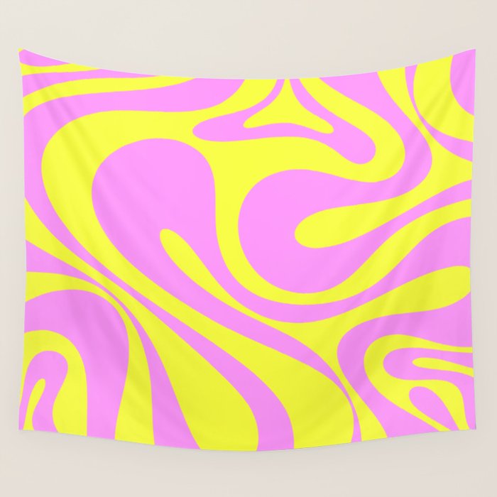 Vivid Mod Swirl Retro Abstract Pattern Neon Yellow and Pink Wall Tapestry Gallery Image 1