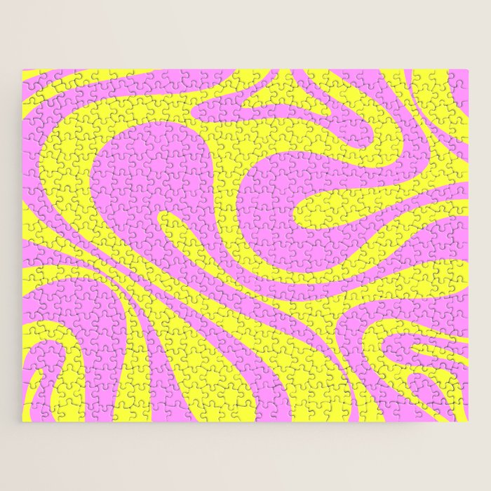 Vivid Mod Swirl Retro Abstract Pattern Neon Yellow and Pink Jigsaw Puzzle Gallery Image 1