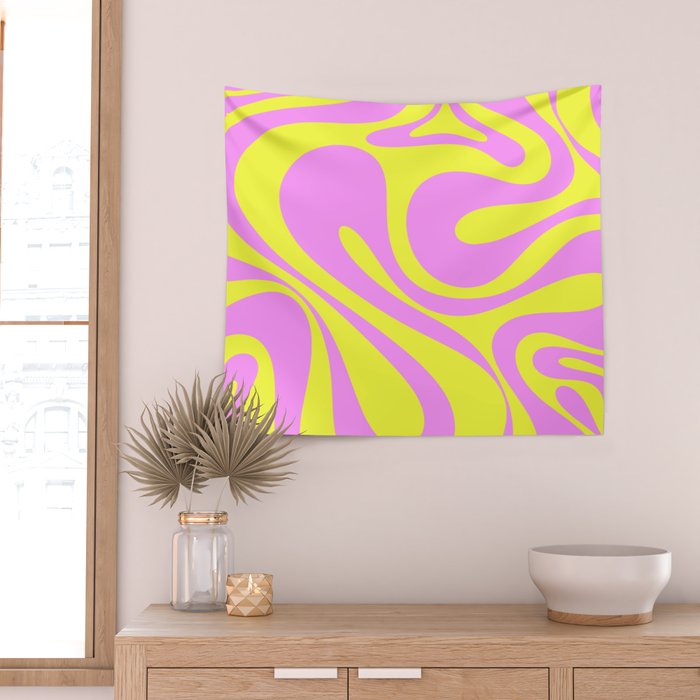 Vivid Mod Swirl Retro Abstract Pattern Neon Yellow and Pink Wall Tapestry Gallery Image 2
