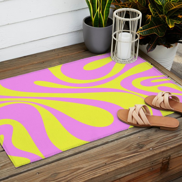 Vivid Mod Swirl Retro Abstract Pattern Neon Yellow and Pink Outdoor Rug Gallery Image 2