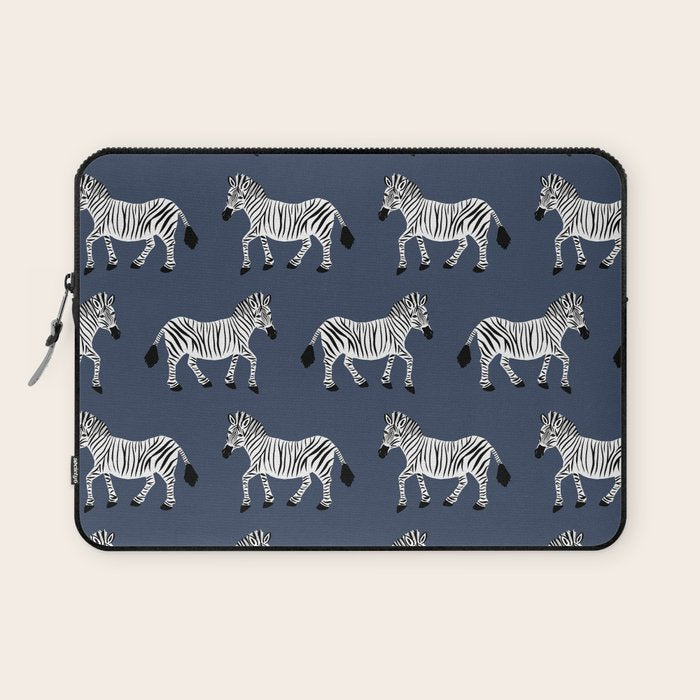 Zebra Parade - Black and White on Denim Navy Blue Laptop Sleeve Gallery Image 1