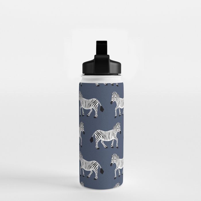 Zebra Parade - Black and White on Denim Navy Blue Water Bottle Gallery Image 2