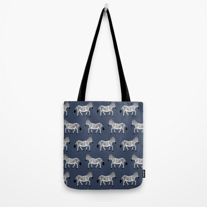 Zebra Parade - Black and White on Denim Navy Blue Tote Bag Gallery Image 2