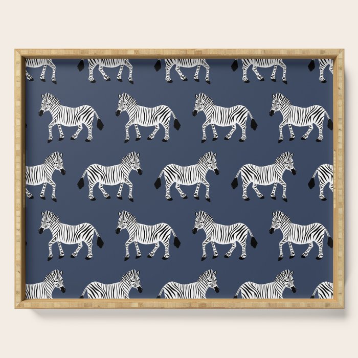 Zebra Parade - Black and White on Denim Navy Blue Serving Tray Gallery Image 1