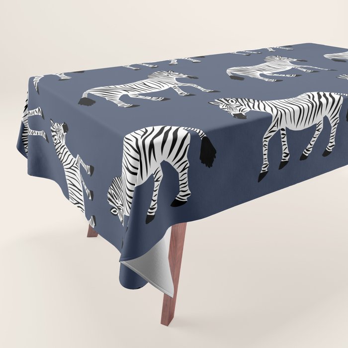 Zebra Parade - Black and White on Denim Navy Blue Tablecloth Gallery Image 1