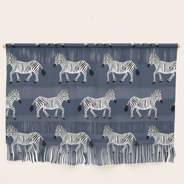 Zebra Parade - Black and White on Denim Navy Blue Wall Hanging Gallery Image 1