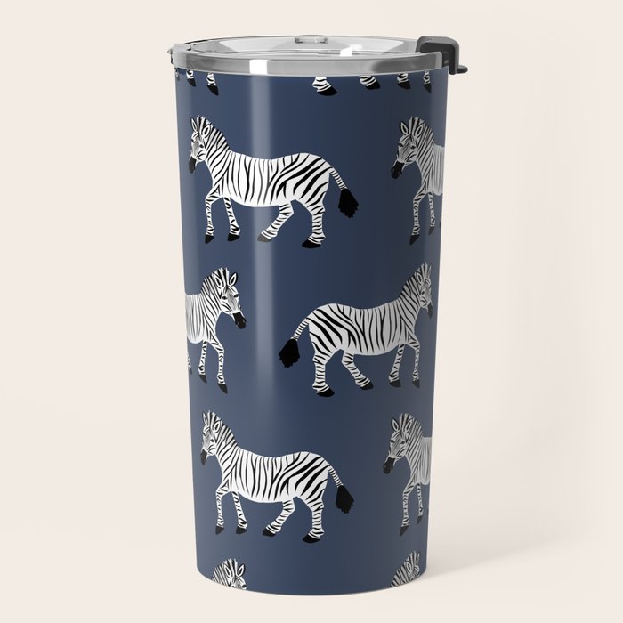 Zebra Parade - Black and White on Denim Navy Blue Travel Mug Gallery Image 2