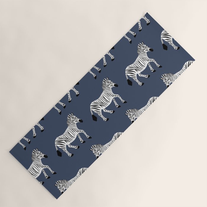 Zebra Parade - Black and White on Denim Navy Blue Yoga Mat Gallery Image 1