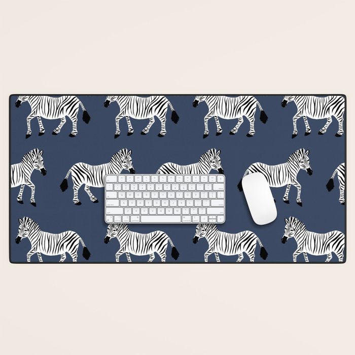 Zebra Parade - Black and White on Denim Navy Blue Desk Mat Gallery Image 1