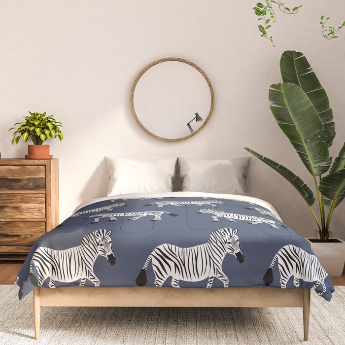 Zebra Parade - Black and White on Denim Navy Blue Comforter Gallery Image 3