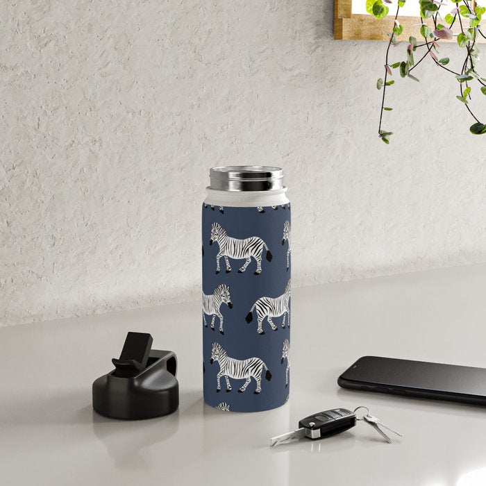 Zebra Parade - Black and White on Denim Navy Blue Water Bottle Gallery Image 4