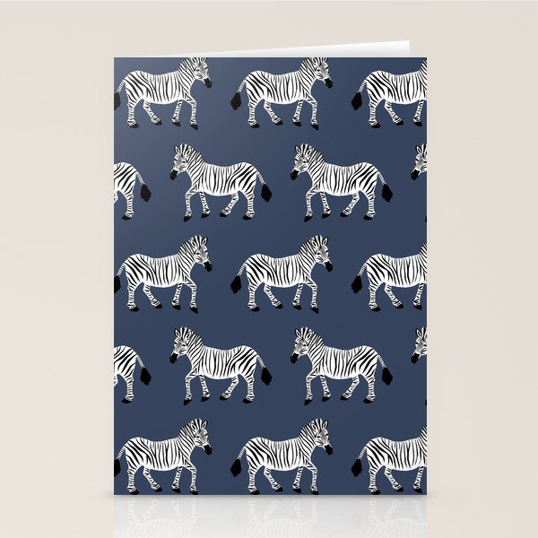 Zebra Parade - Black and White on Denim Navy Blue Stationery Card Gallery Image 1
