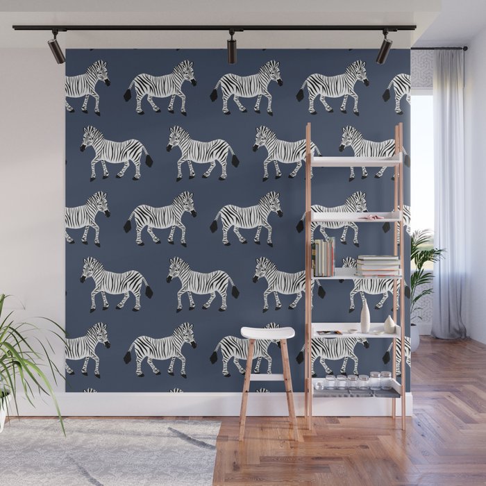 Zebra Parade - Black and White on Denim Navy Blue Wall Mural Gallery Image 1