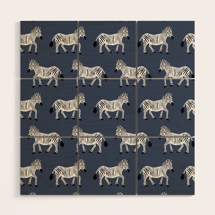 Zebra Parade - Black and White on Denim Navy Blue Wood Wall Art Gallery Image 1