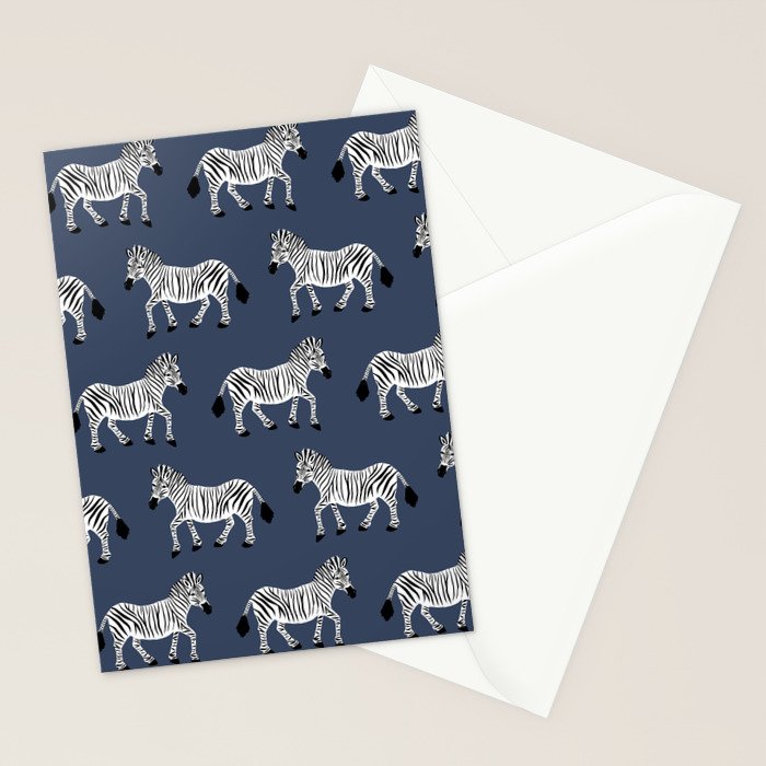 Zebra Parade - Black and White on Denim Navy Blue Stationery Card Gallery Image 2