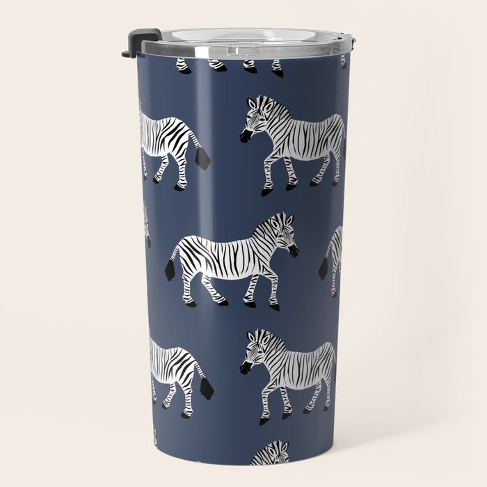 Zebra Parade - Black and White on Denim Navy Blue Travel Mug Gallery Image 3
