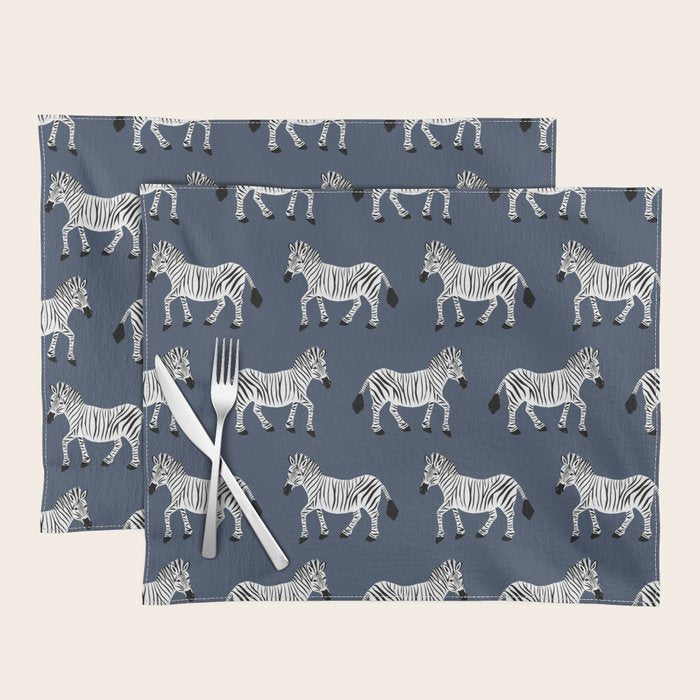 Zebra Parade - Black and White on Denim Navy Blue Placemat Gallery Image 1